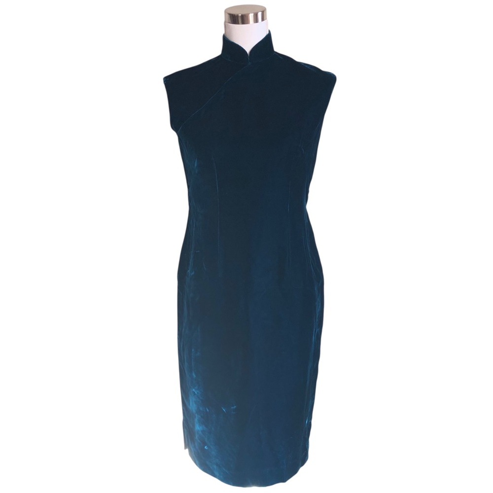 VINTAGE 90s Y2K Handmade Teal Velvet Mandarin Collar Sleeveless Mini Dress Small